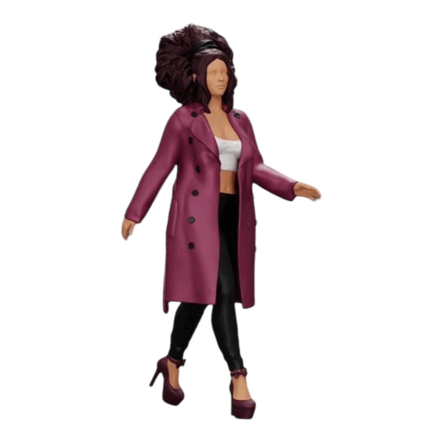 Diorama model building product photo 0: Stylish woman with curly hair walking in a long, open coat (Ref No. A40)