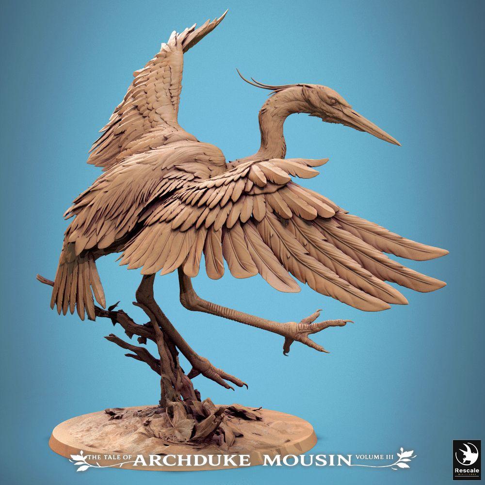 Product photo Tabletop 28mm Lord of the Print (LotP) 0: Fantasy figure: Heron Demon Crane Beast landing on branch - Tabletop flying creature, bird monster, wargaming monster, boss model with scenic base, dynamic pose (Heron Landing) (25_07_D1)
