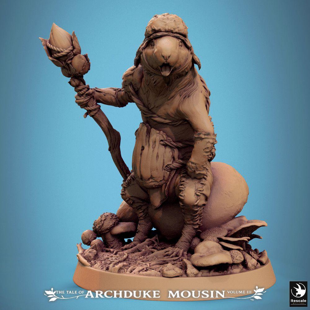 Product photo Tabletop 28mm Lord of the Print (LotP) 0: Tabletop miniature: Rodent shaman with staff, mouse druid, forest priest, tribe elder, totem bearer, beastman wizard, and leader (25_07_L5)