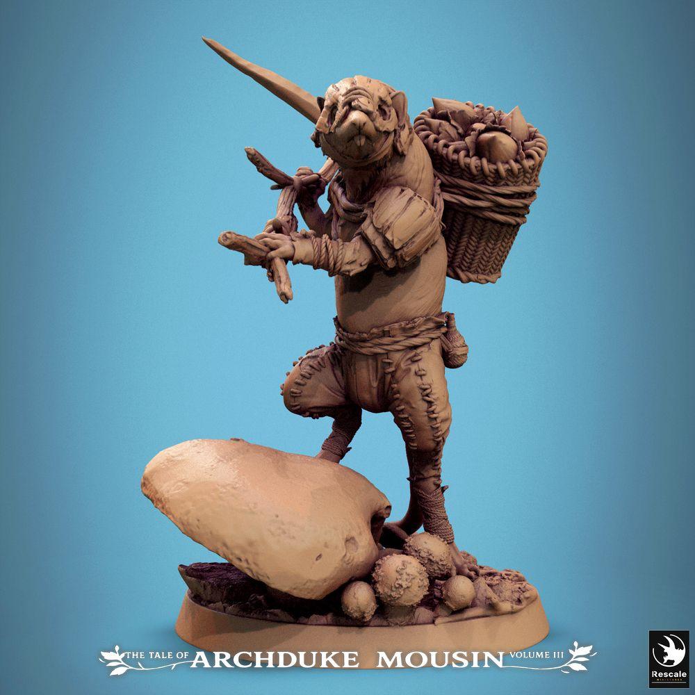 Product photo Tabletop 28mm Lord of the Print (LotP) 0: Tabletop miniature: Mousefolk ranger and rodent scout/tracker - trapper and hunter with spear, backpack, and firewood on mushroom forest floor base (25_07_K1)