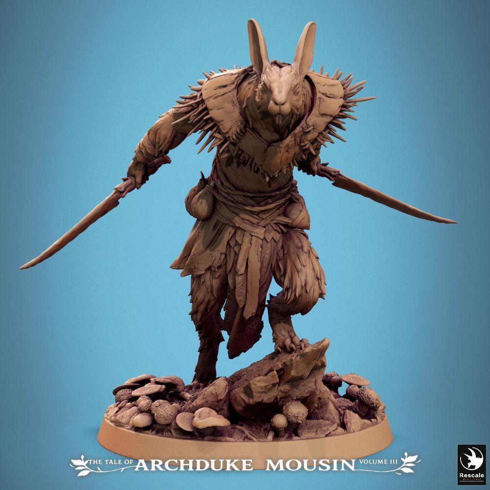 Product photo Tabletop 28mm Lord of the Print (LotP) 0: Fantasy figure: Rabbit Warrior Beastman - Rogue/Assassin, Ranger Scout, two curved short swords (25_07_N9)