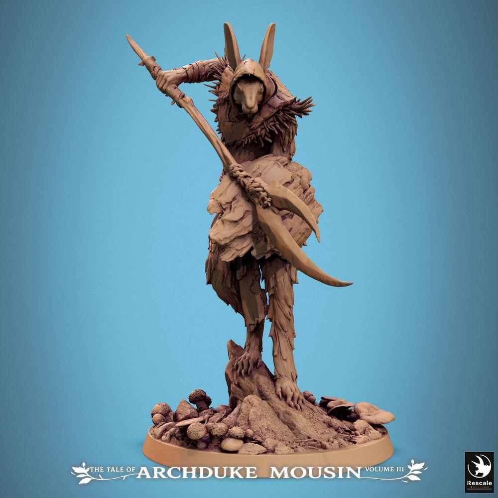 Product photo Tabletop 28mm Lord of the Print (LotP) 0: Tabletop miniature: Rabbitfolk warrior with double scythe, beastman glaive fighter, forest skirmisher, beast assassin (25_07_N15)
