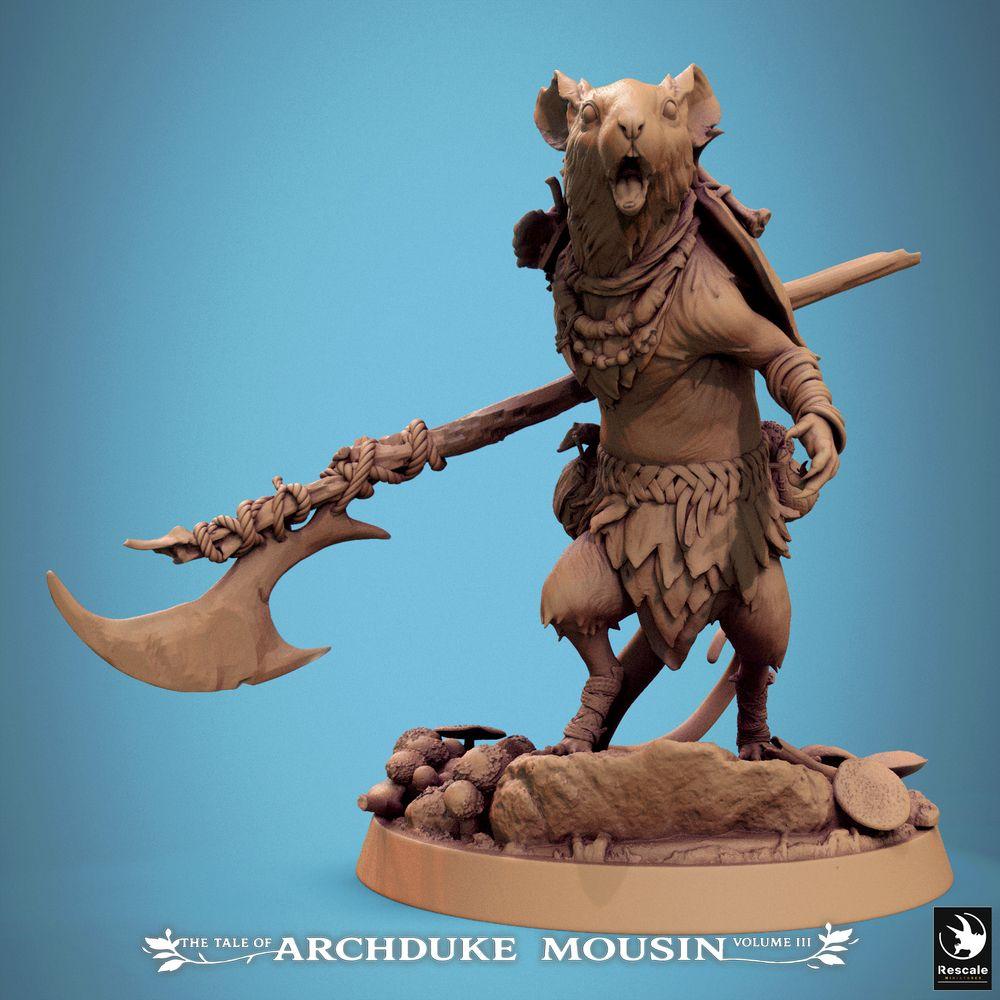 Product photo Tabletop 28mm Lord of the Print (LotP) 0: Tabletop miniature: Ratman warrior, glaive fighter with hooked war scythe - rodent barbarian, tribal warrior, raider, warband leader (25_07_H1)