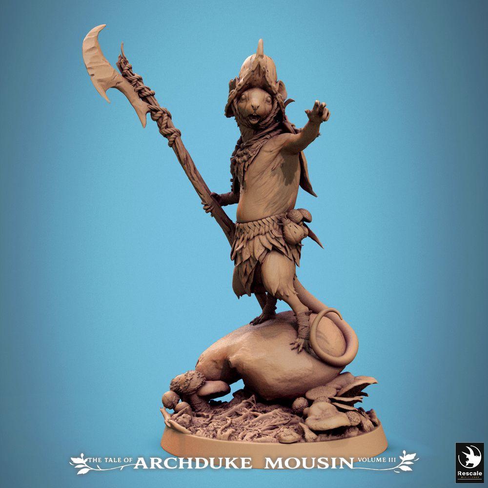 Product photo Tabletop 28mm Lord of the Print (LotP) 0: Tabletop miniature: Animalfolk Mouse Warrior with Halberd - Rodent Knight, Forest Guardian, Clan Leader, Skirmish Leader, Boss Model (25_07_H5)