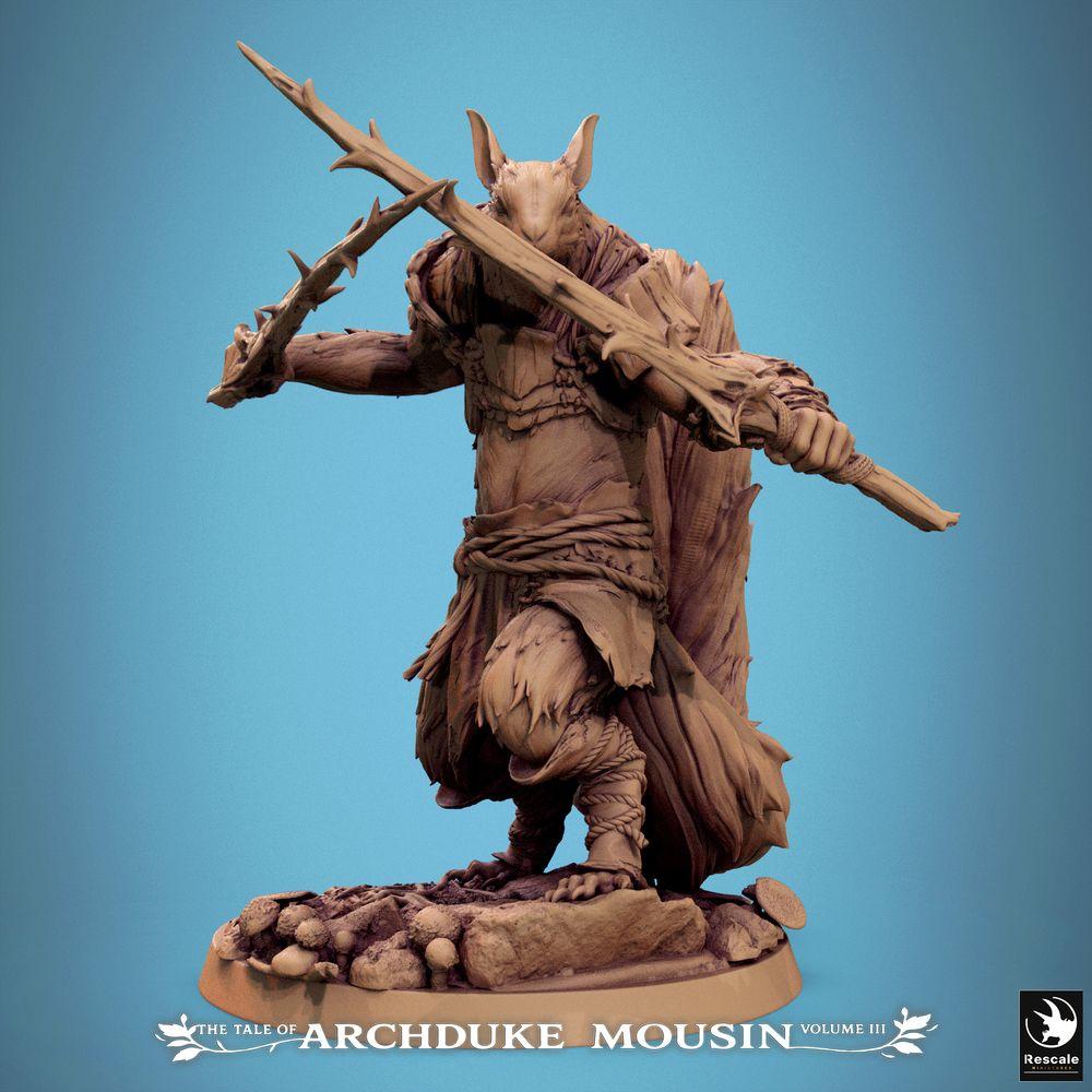 Product photo Tabletop 28mm Lord of the Print (LotP) 0: Fantasy figure: Ratman Ranger/Duelist - Dual-wielding fighter with thorn staff and thorn knife, rogue and beast hunter (25_07_M5)