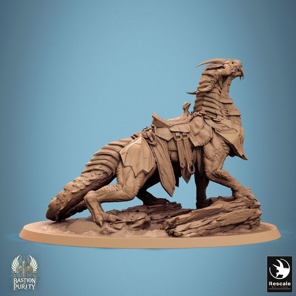 Product photo Tabletop 28mm Lord of the Print (LotP) 0: Tabletop miniature: Dragoryx War Lizard - armored dinosaur mount with barding and saddle, horned beast, Wargame monster mount (24_09_I3)