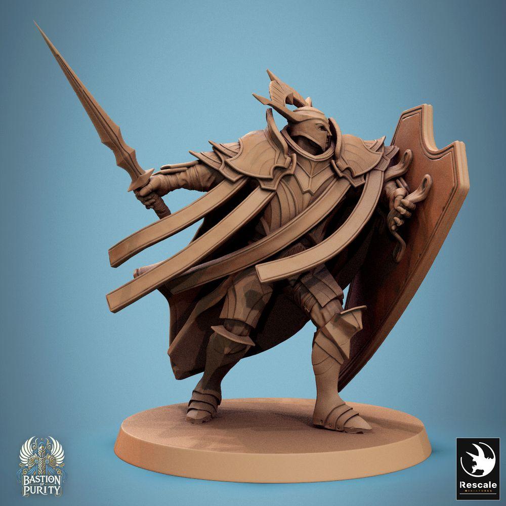 Product photo Tabletop 28mm Lord of the Print (LotP) 0: Fantasy figure: Paladin/Temple Knight with Flame Sword and Tower Shield - Bastion General, Sword-and-Shield Warrior, Leader & Tank (24_09_C9)