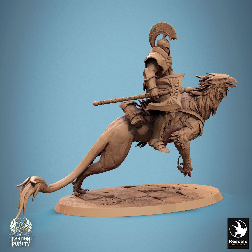 Product photo Tabletop 28mm Lord of the Print (LotP) 0: Tabletop miniature: Gryphon Rider, Knight on Gryphon - Elite Cavalry Champion, Shock Cavalry with two-handed Halberd or War Axe, Gryphon Rider (24_09_G1)