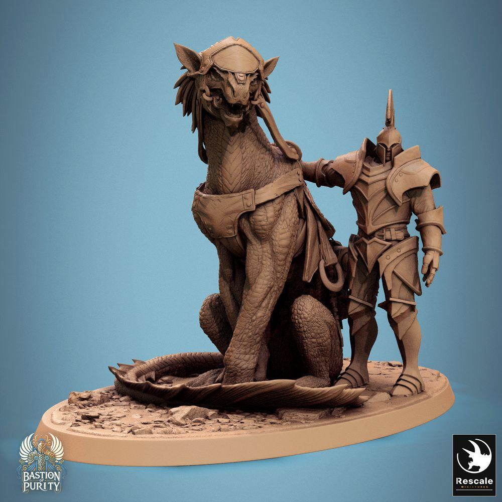 Product photo Tabletop 28mm Lord of the Print (LotP) 0: Tabletop miniature: Elite Knight Paladin, Beastmaster - Dragon Rider (dismounted) with War Beast Drakenkatze/Lizard Beast - H6 Panthera Sit (24_09_H6)