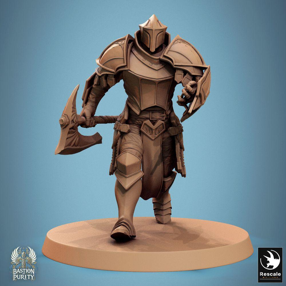 Product photo Tabletop 28mm Lord of the Print (LotP) 0: Tabletop miniature: C11 Bastion Soldier - Battleaxe Knight in Storm Attack, heavily armored Paladin/Guardian, elite infantryman with full helmet and plate armor (24_09_C11)