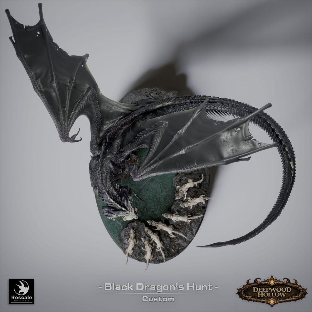 Product photo Tabletop 28mm Lord of the Print (LotP) 9: Tabletop Fantasy miniature set: Black Dragon Hunt - Black Dragon with hunting dogs on scenic rock base (26_03_A1)