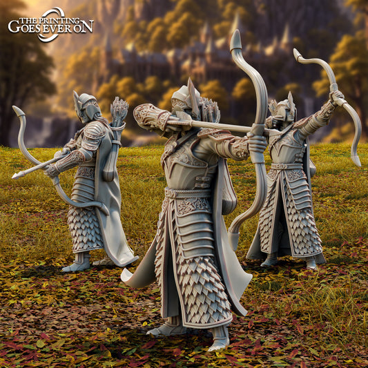 Product photo Tabletop 28mm The Printing Goes Ever On (TPGEO) 0: Elven Archers - 3 Warriors of Brightwood - Fighters with Bow and Arrow