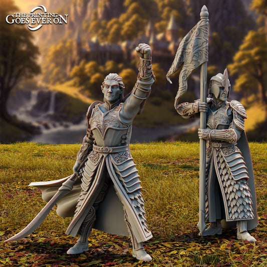 Product photo Tabletop 28mm The Printing Goes Ever On (TPGEO) 0: Elven Command - Leader of Brightwood - Captain and Standard Bearer