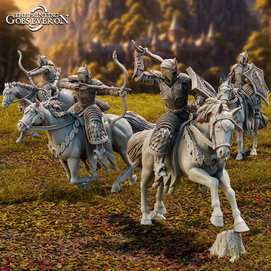Product photo Tabletop 28mm The Printing Goes Ever On (TPGEO) 0: Elven Soldiers - 4 Riders of Brightwood - Mounted Warriors with Sword and Bow