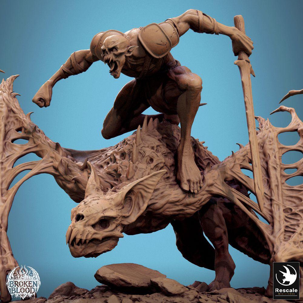 Product photo Tabletop 28mm Lord of the Print (LotP) 2: Tabletop miniature: Demon rider on bat beast, Gargoyle Lord with skull mask and pole weapon, Hellhunter monster rider (24_11_D9)
