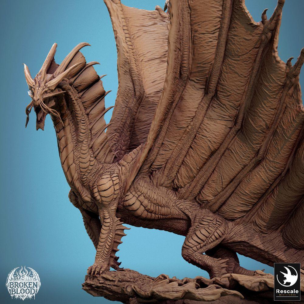 Product photo Tabletop 28mm Lord of the Print (LotP) 3: Tabletop miniature: Ancient Great Dragon Wyrm, Lindwurm - Gold Dragon, Boss monster large figure, roaring with spread wings on rocky base (24_11_A7)