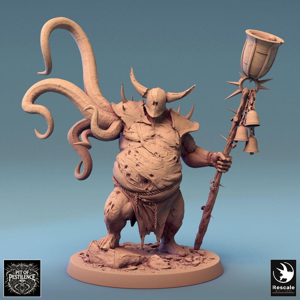 Product photo Tabletop 28mm Lord of the Print (LotP) 0: Tabletop miniature: Corrupted Plague Priest / Plague Shaman with spiked ritual staff and bells, mutated cult leader, tentacle monster (24_08_D3)