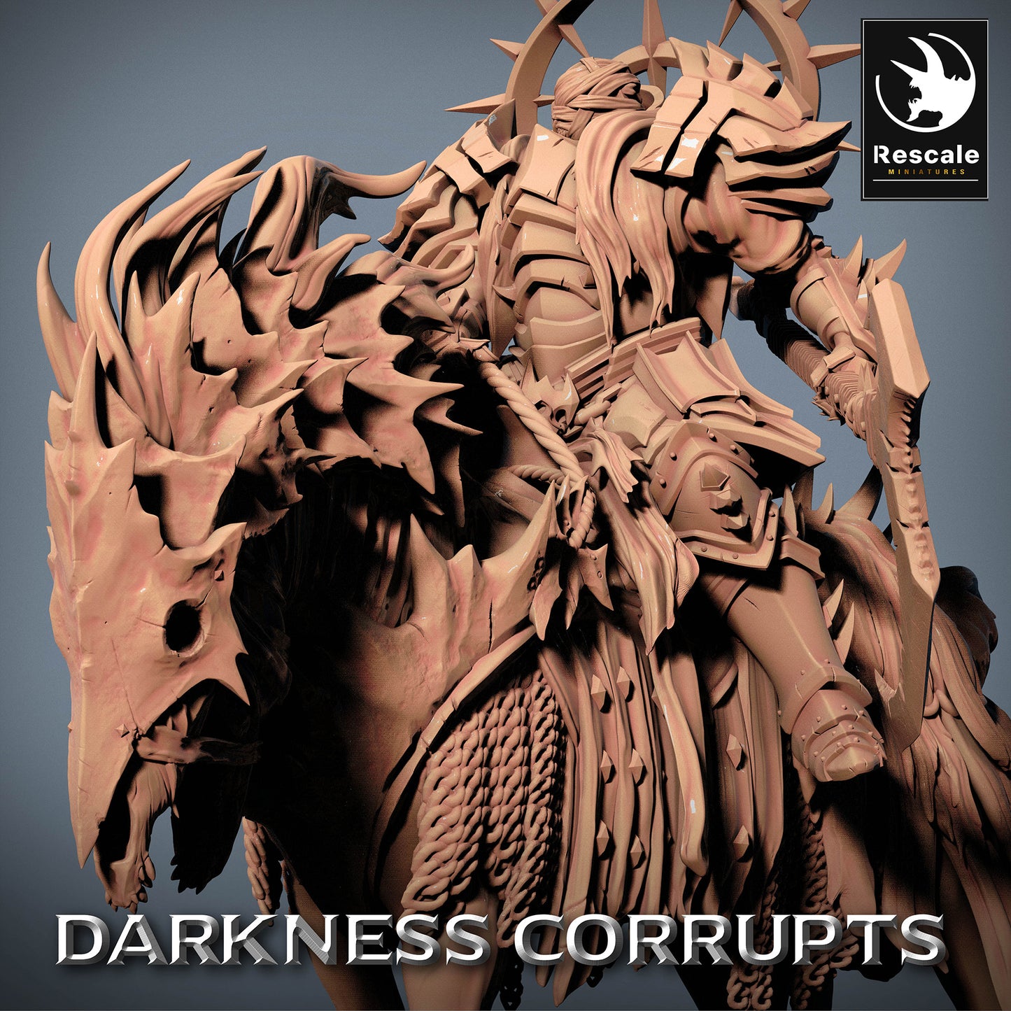 Product image 4 of 4: Tabletop Miniature: Demon Rider on Rearing Warhorse, Dark Cavalry Champion with Shield and Hook Blade - Hell Rider, Corruption Knight, Cursed Paladin (23_07_D7)