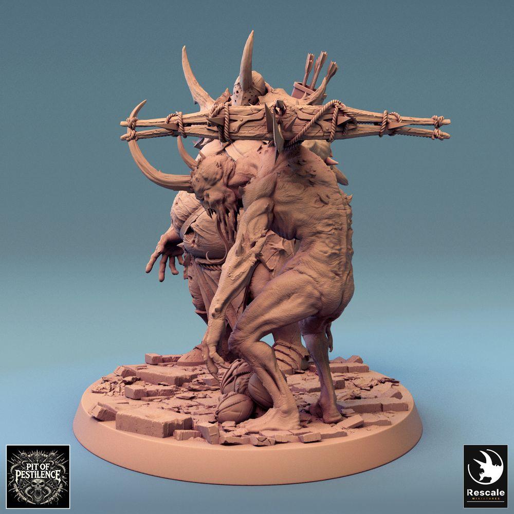Product photo Tabletop 28mm Lord of the Print (LotP) 0: Tabletop miniature: Demon Spawn Loadbearer Duo - Mutant Ogre, Chaos Beast, Abomination, Trophy Bearer with Yoke, Horns, and Bones, Boss Monster (24_08_D12)