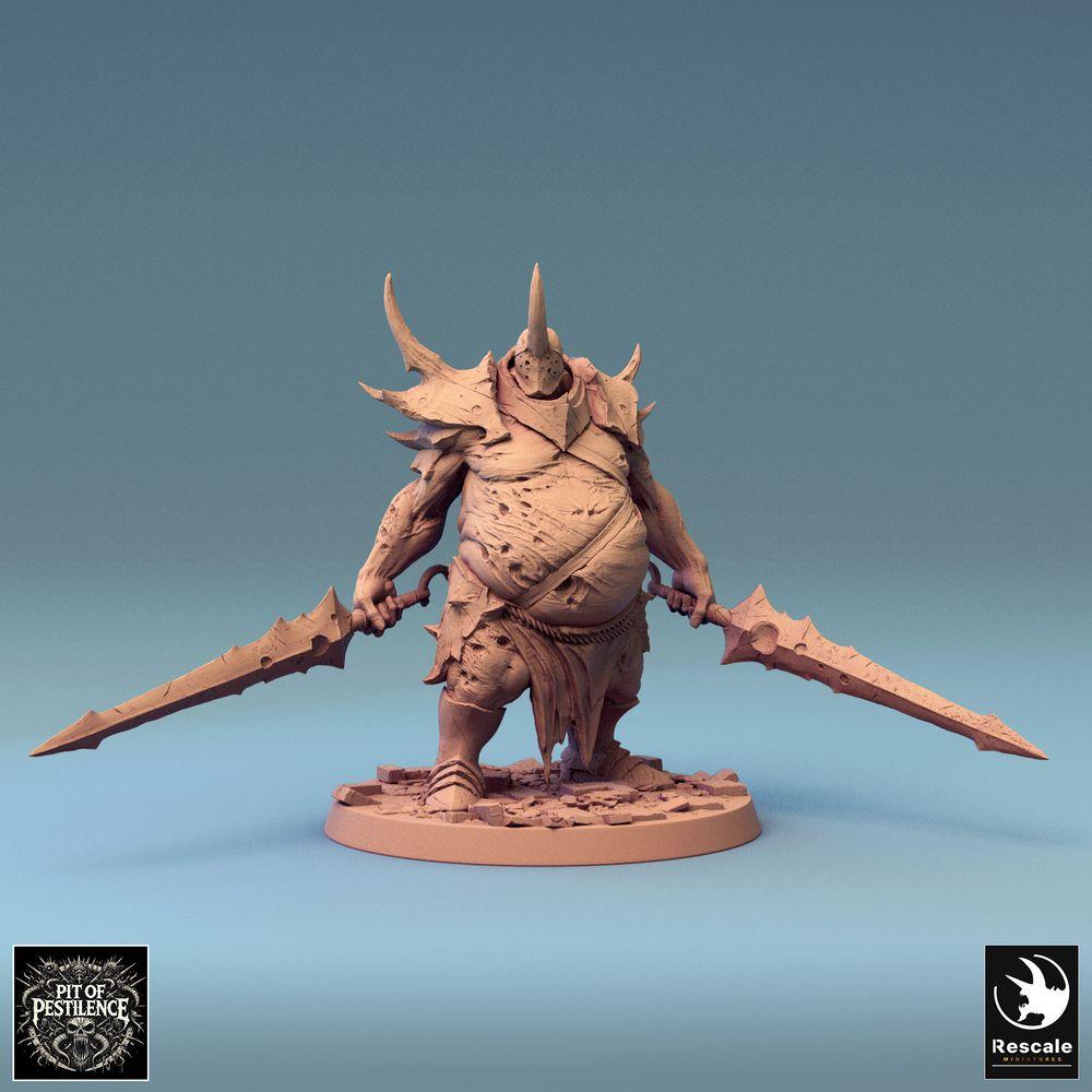 Product photo Tabletop 28mm Lord of the Print (LotP) 0: Tabletop miniature: Demonic Executioner with two jagged greatswords, Demon Warrior Warlord, two-handed fighter, Berserker, boss monster (24_08_D10)