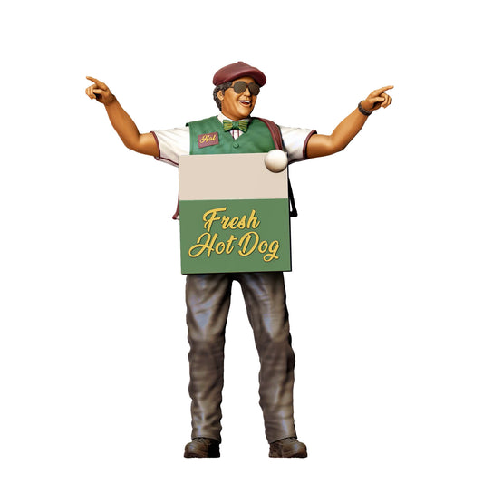 Diorama model building product photo 0: Hotdog vendor with belly cart – figure with hat and vest (Ref. No. 409)