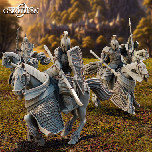 Product photo Tabletop 28mm The Printing Goes Ever On (TPGEO) 0: High Elf Soldiers - 4 Elf Riders - Mounted Warriors with Sword and Bow