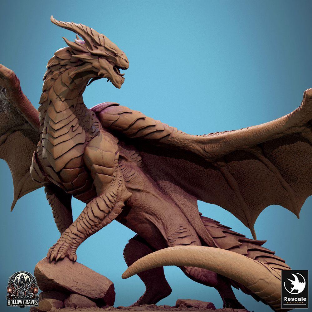 Product photo Tabletop 28mm Lord of the Print (LotP) 0: Fantasy Figure: Copper Dragon, ancient Wyrm and Dragon Lord, roaring with outstretched wings, on rock base, boss monster (24_10_D1)