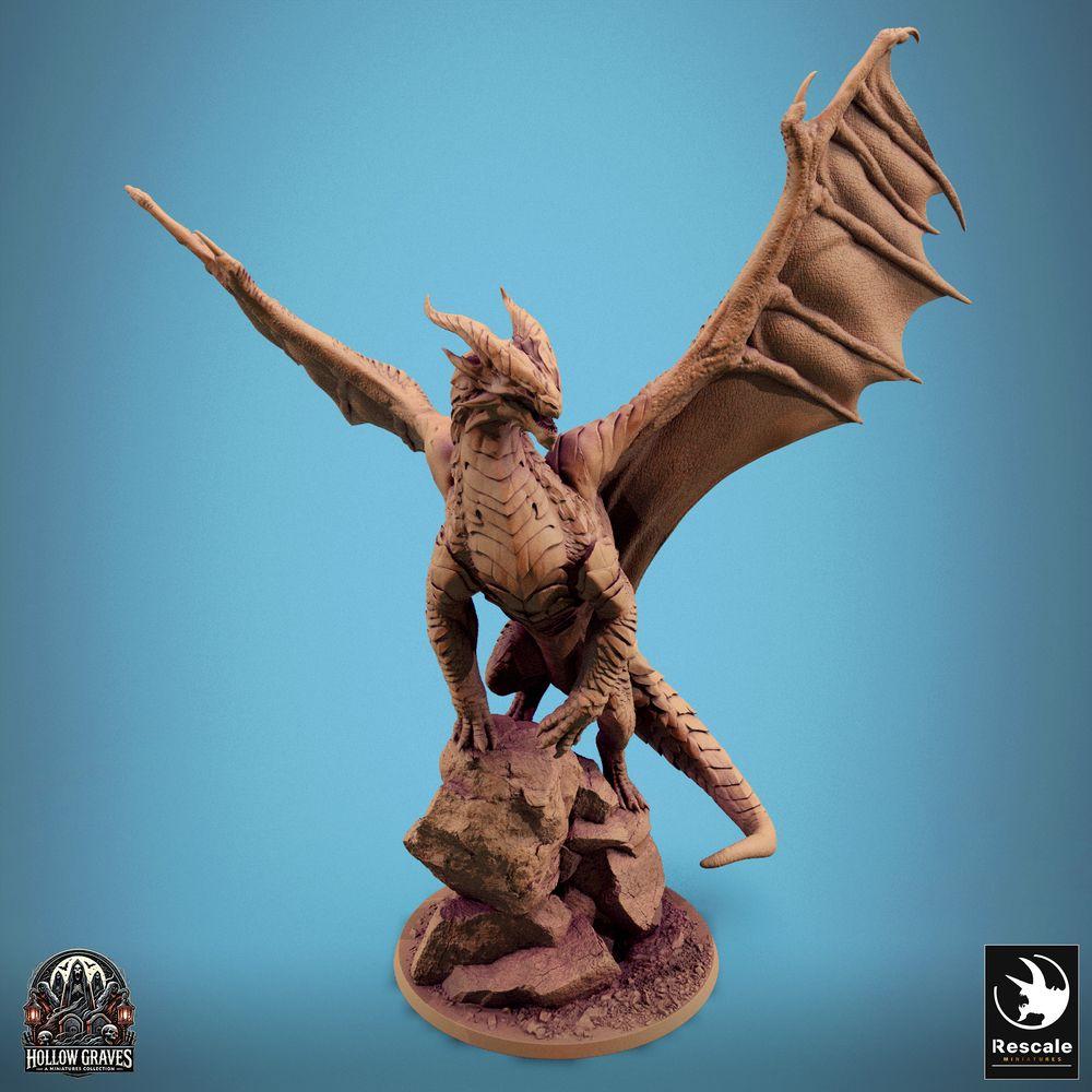 Product photo Tabletop 28mm Lord of the Print (LotP) 0: Tabletop miniature: Ancient Great Dragon on Rock Outcrop - Mountain Dragon Lindwurm with outstretched wings, Dragon Lord Boss Monster (24_10_D2)
