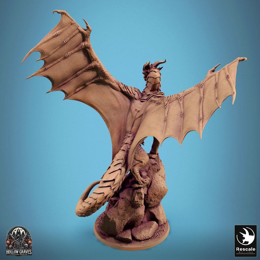 Product photo Tabletop 28mm Lord of the Print (LotP) 0: Tabletop miniature: Ancient Great Dragon on Cliff - Mountain Dragon Lindwurm with outstretched wings, Dragon Lord Boss Monster (24_10_D2)