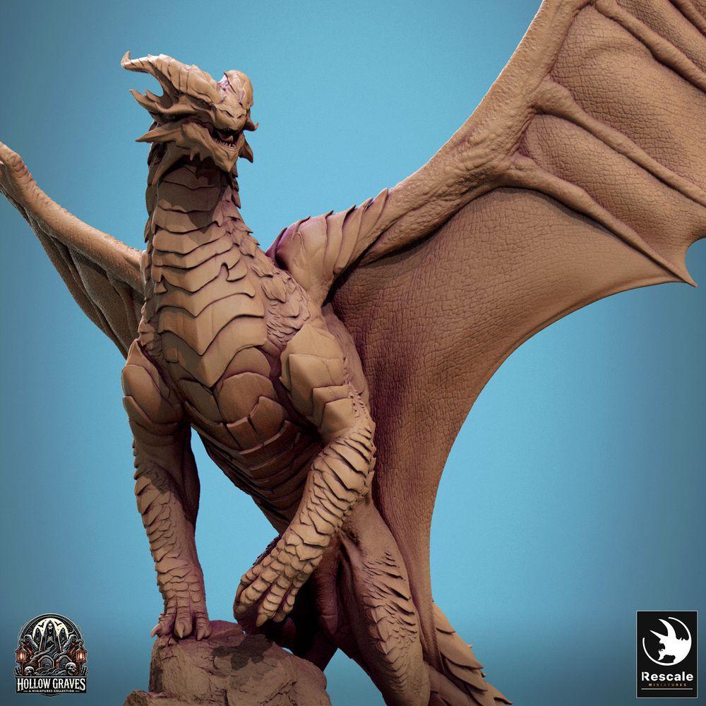 Product photo Tabletop 28mm Lord of the Print (LotP) 0: Tabletop miniature: Ancient Great Dragon on Rock Outcrop - Mountain Dragon Lindwurm with outstretched wings, Dragon Lord Boss Monster (24_10_D2)