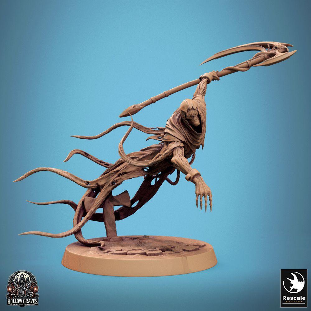 Product photo Tabletop 28mm Lord of the Print (LotP) 0: Tabletop miniature: Undead Reaper Wraith, spirit with double-bladed scythe, hovering dungeon boss on tombstone base (24_10_A1)