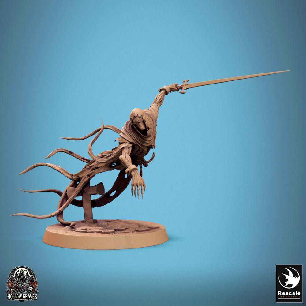 Product photo Tabletop 28mm Lord of the Print (LotP) 0: Tabletop miniature: Wraith/Phantom Warrior - hooded undead spirit swordsman in dynamic attack pose (24_10_A2)