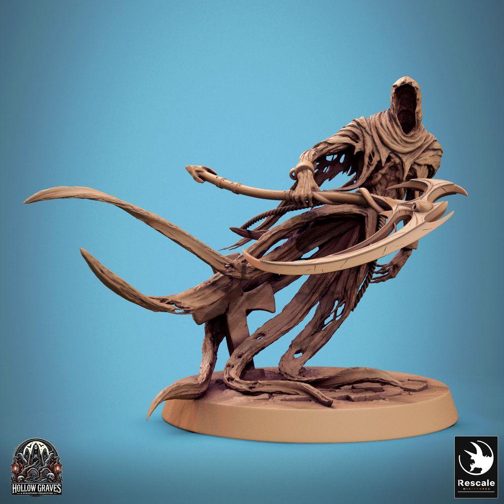 Product photo Tabletop 28mm Lord of the Print (LotP) 0: Fantasy miniature: Spectral Reaper - Blade Wraith, ghostly warrior with dual-bladed polearm in dynamic charge pose, boss model/elite leader (24_10_A8)
