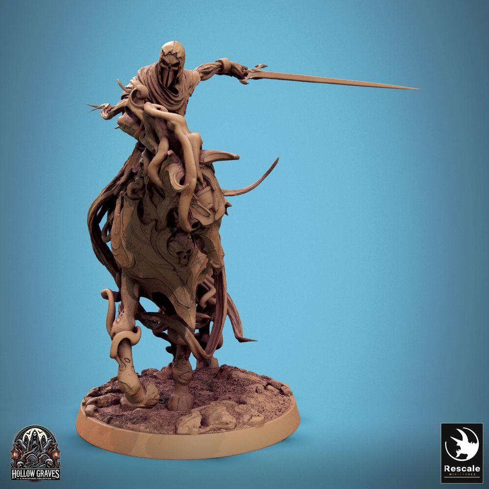 Product photo Tabletop 28mm Lord of the Print (LotP) 0: Tabletop miniature: Dark Knight on Horseback, Death Knight with Longsword, Undead Cavalry on Dread Steed in Storm Attack (24_10_C1)