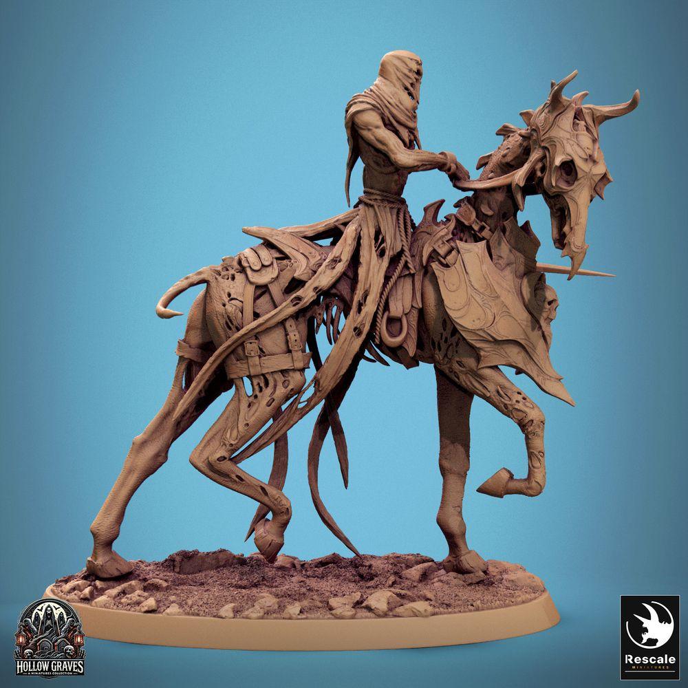 Product photo Tabletop 28mm Lord of the Print (LotP) 0: Tabletop Fantasy Miniature: Cursed Rider / Death Knight on Horned Monster Beast, Demon Rider Cavalry (24_10_C8)
