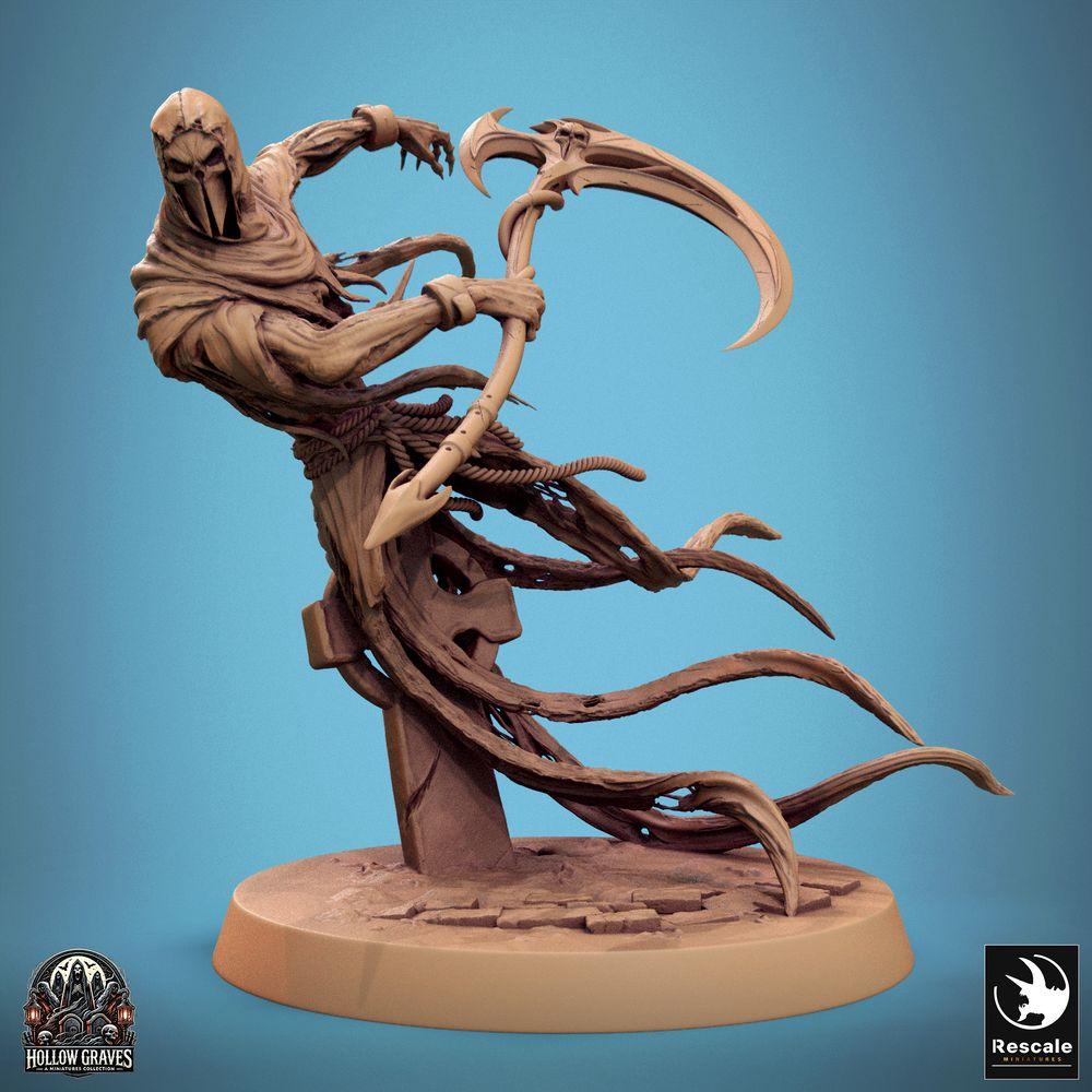 Product photo Tabletop 28mm Lord of the Print (LotP) 0: Tabletop miniature: Masked Wraith / Ghost Warrior - Grim Reaper with Scythe Blade, hovering in attack pose, Shadow Assassin (24_10_B2)