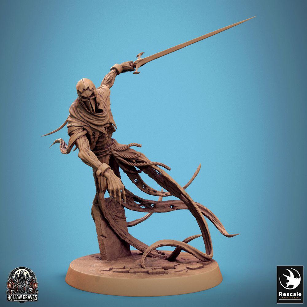 Product photo Tabletop 28mm Lord of the Print (LotP) 0: Tabletop miniature: Masked Wraith, spectral swordsman, and undead assassin with a long blade, tattered robes, dynamic pose on ruins base (24_10_B3)