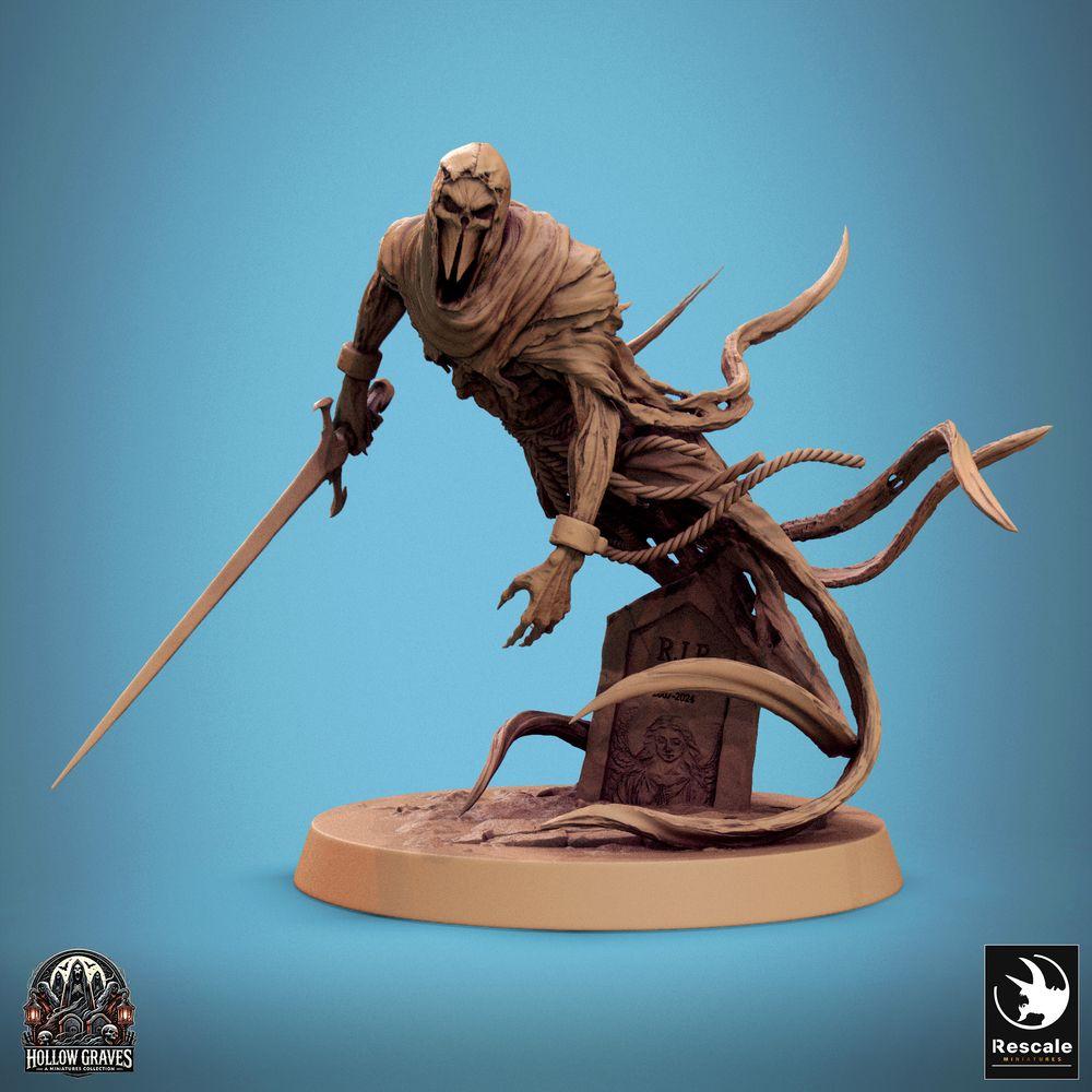 Product photo Tabletop 28mm Lord of the Print (LotP) 0: Tabletop miniature: Masked Spirit, Phantom Assassin, Wraith - Shadow Blade with longsword, hood, and beaked mask, grave base with vines (24_10_B10)