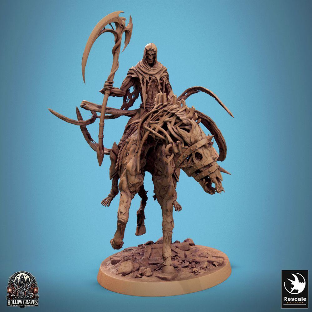 Product photo Tabletop 28mm Lord of the Print (LotP) 0: Tabletop miniature: Undead Rider on Skeleton Horse, Reaper, Death Knight, Leader of the Bone Cavalry with Scythe Polearm (24_10_E2)