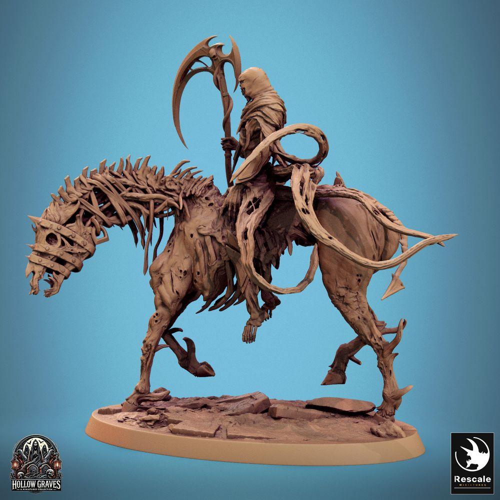 Product photo Tabletop 28mm Lord of the Print (LotP) 0: Tabletop miniature: Undead Rider on Skeletal Horse, Reaper, Death Knight, Leader of the Bone Cavalry with Scythe Polearm (24_10_E2)