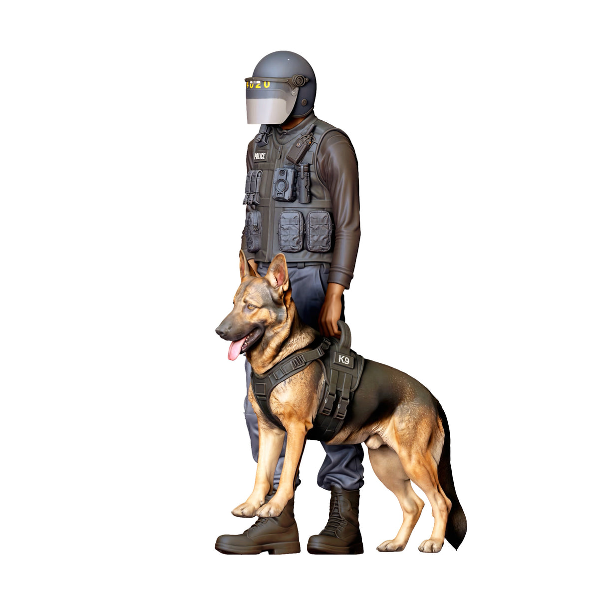 Diorama model-making product photo 4: Diorama figure: Standing police officer in protective gear with seated service dog (Ref. No. 526)