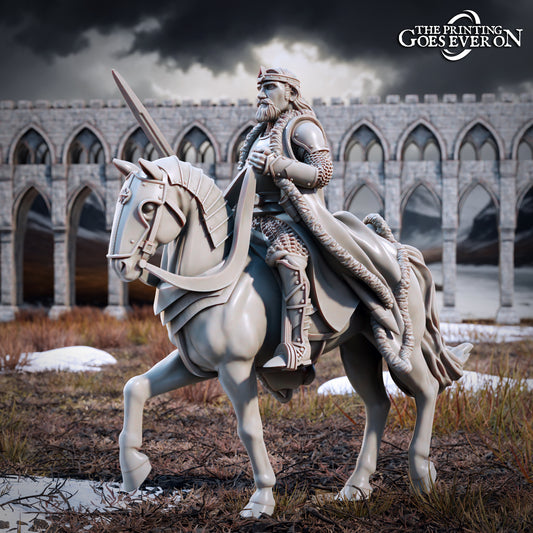 Product photo Tabletop 28mm The Printing Goes Ever On (TPGEO) 0: King Arvelon - Mounted and Foot: Brave Leader of the Northern Men