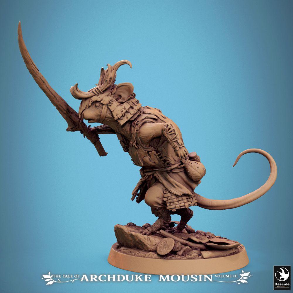 Product photo Tabletop 28mm Lord of the Print (LotP) 1: Tabletop miniature: Mouse Warrior of the Rodent Folk, Spear Fighter in Assault, Leader/Scout - Mouse Charge (25_07_Q15)