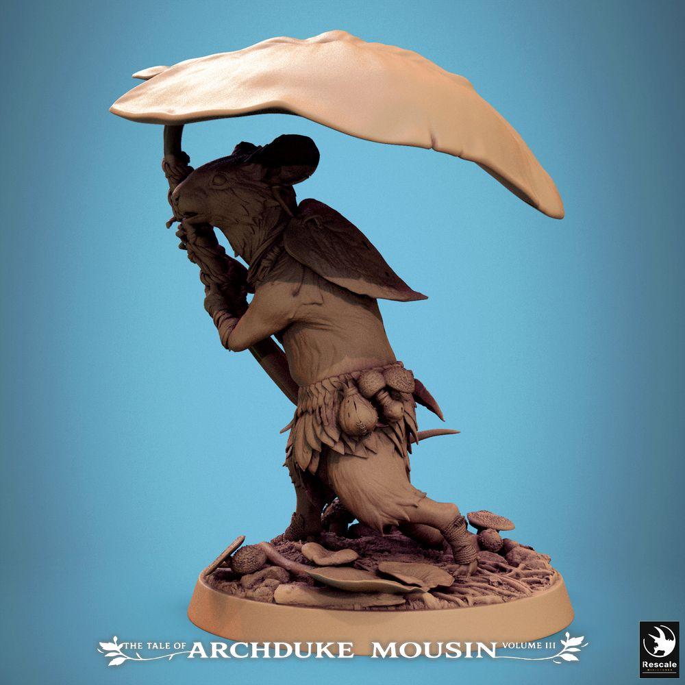 Product photo Tabletop 28mm Lord of the Print (LotP) 1: Tabletop miniature: Animalfolk Mouse Warrior of the Woodland Folk, Ranger and Mushroom Warrior with Mushroom Hat Shield and Mushroom Stem Club (25_07_Q25)