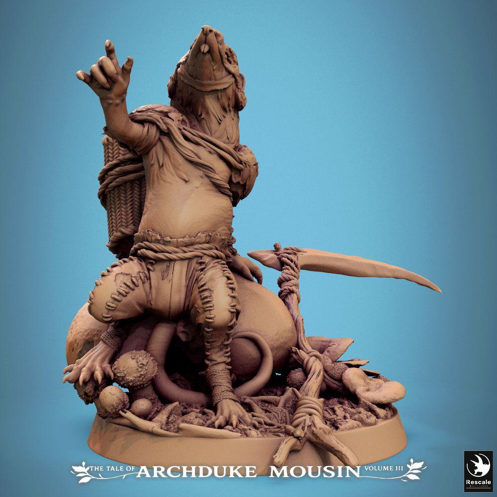 Product photo Tabletop 28mm Lord of the Print (LotP) 0: Tabletop miniature: Ratfolk Shaman/Druid, Tribe Leader, Scavenger/Collector - crouching with sickle, basket backpack, and mushroom base (25_07_Q1)