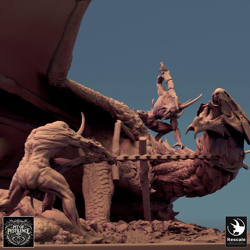 Product photo Tabletop 28mm Lord of the Print (LotP) 0: Tabletop miniature: Brass Dragon - Large Dragon, Wyrm; Dragon Hunter Boss Encounter as a hunting scene with chains and spear on diorama base (24_08_A1)
