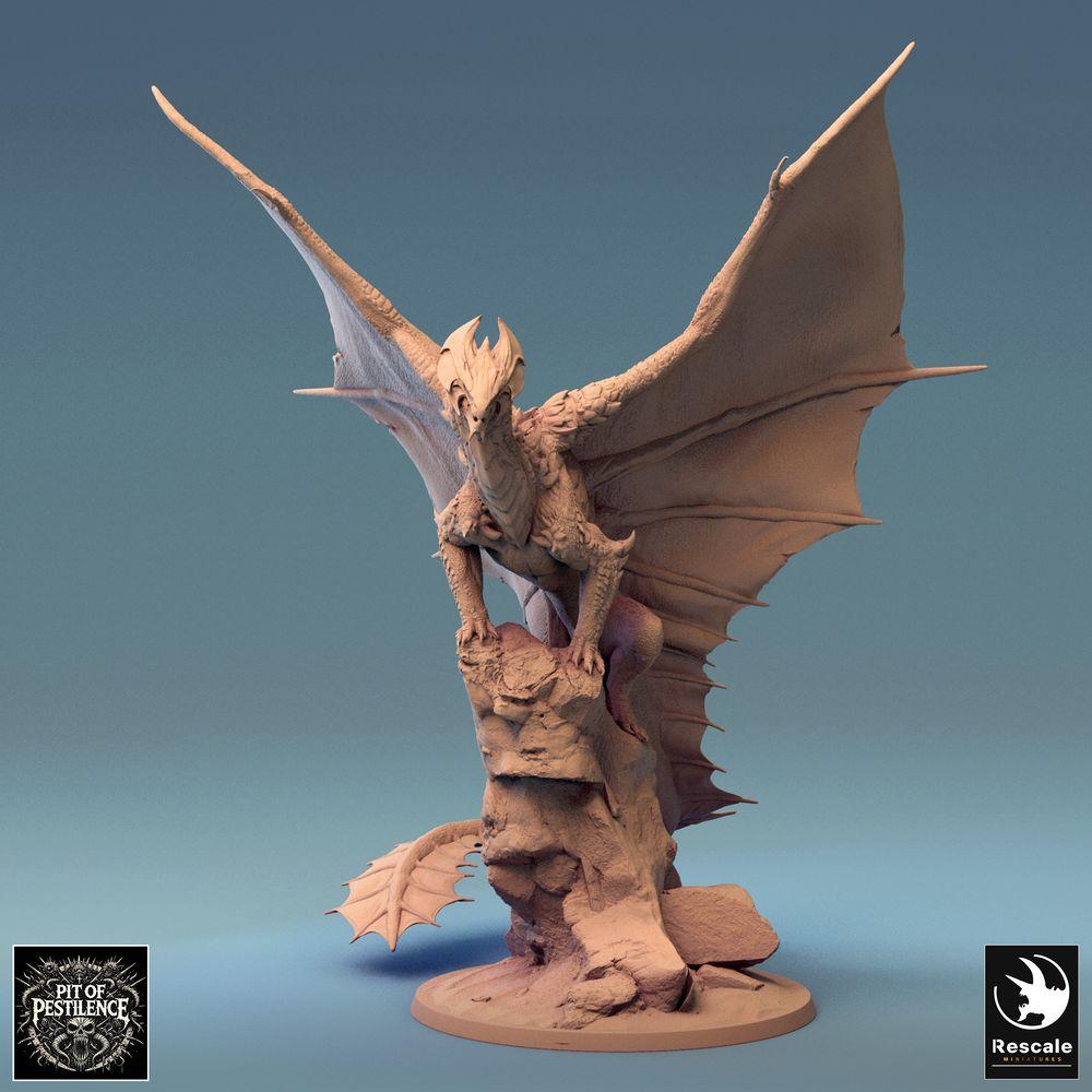 Tabletop photo 28mm Lord of the Print (LotP) 0: Tabletop miniature: Brass Dragon, large dragon on rock with outstretched wings - boss monster, flying creature, dragon beast, diorama base (24_08_A2)