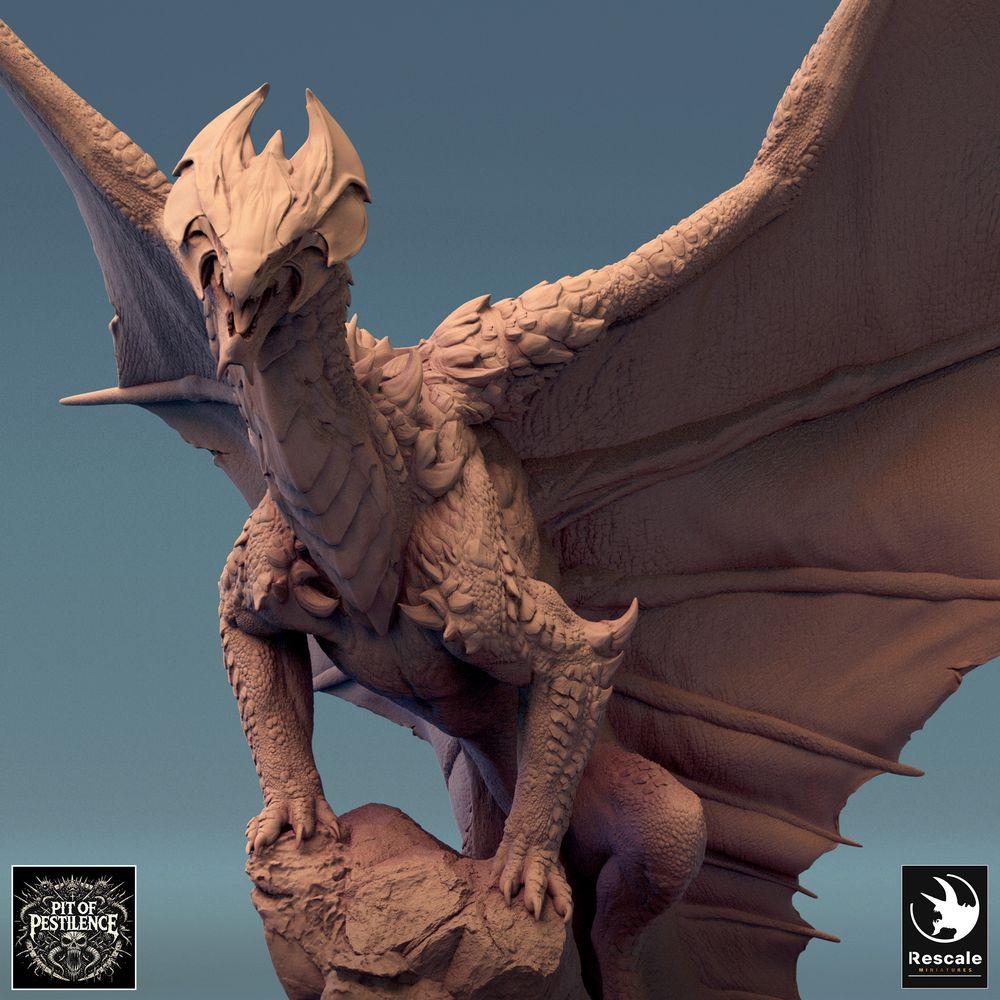 Product photo Tabletop 28mm Lord of the Print (LotP) 3: Fantasy figure: Legendary Dragon on rock diorama, winged dragon beast in jumping pose, wyvern-like boss monster (24_08_J)