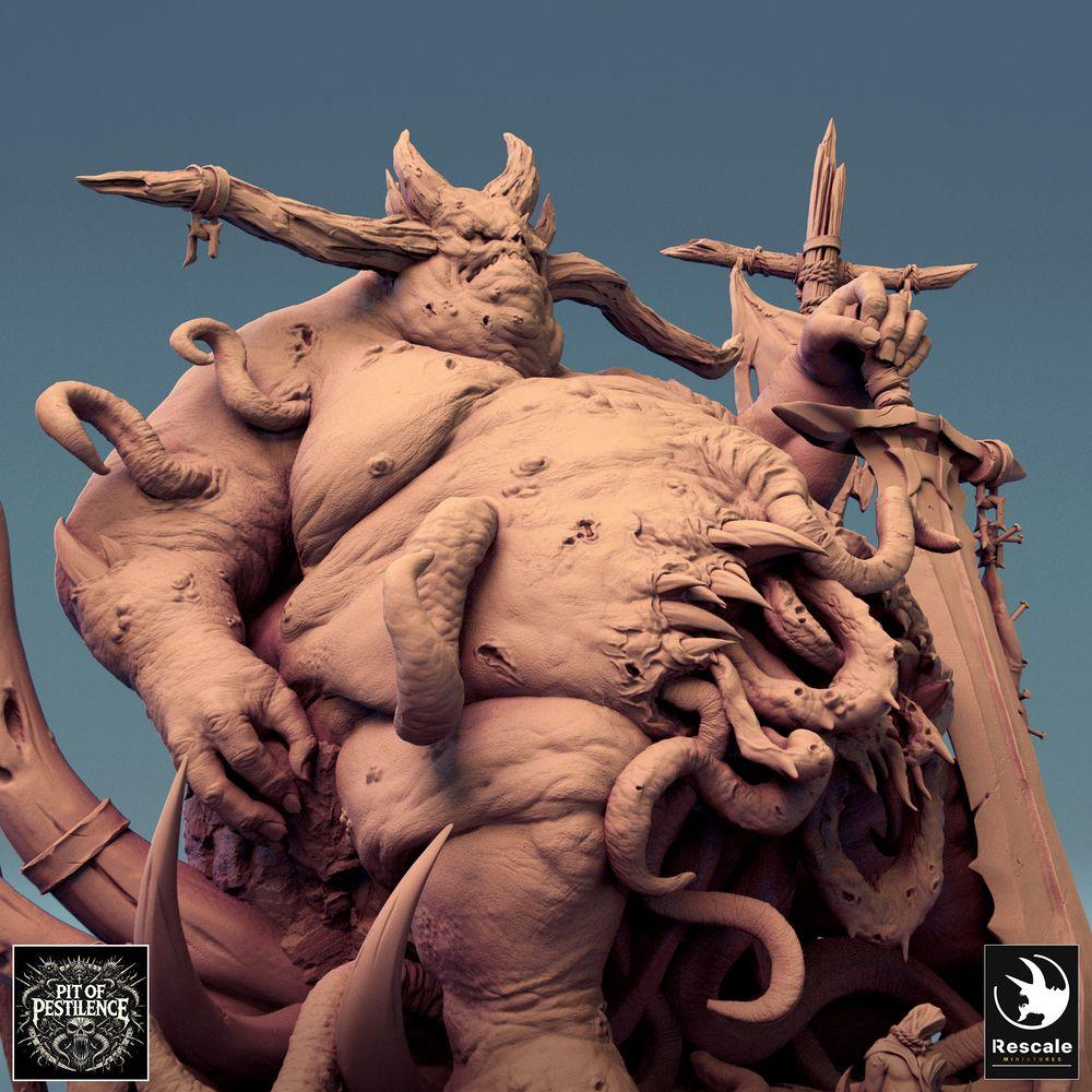 Product photo Tabletop 28mm Lord of the Print (LotP) 0: Tabletop miniature: Plague Demon Plague Lord, Chaos Greater Demon and Tentacle Abomination with two-handed sword and standards, boss monster (24_08_B2)