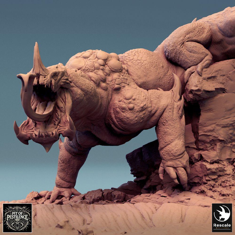 Product photo Tabletop 28mm Lord of the Print (LotP) 0: Tabletop miniature: Beast Rider on Lizard Beast - Barbarian Champion with Halberd, Demonic Mount, Boss Monster, Scenic Base (24_08_C1)